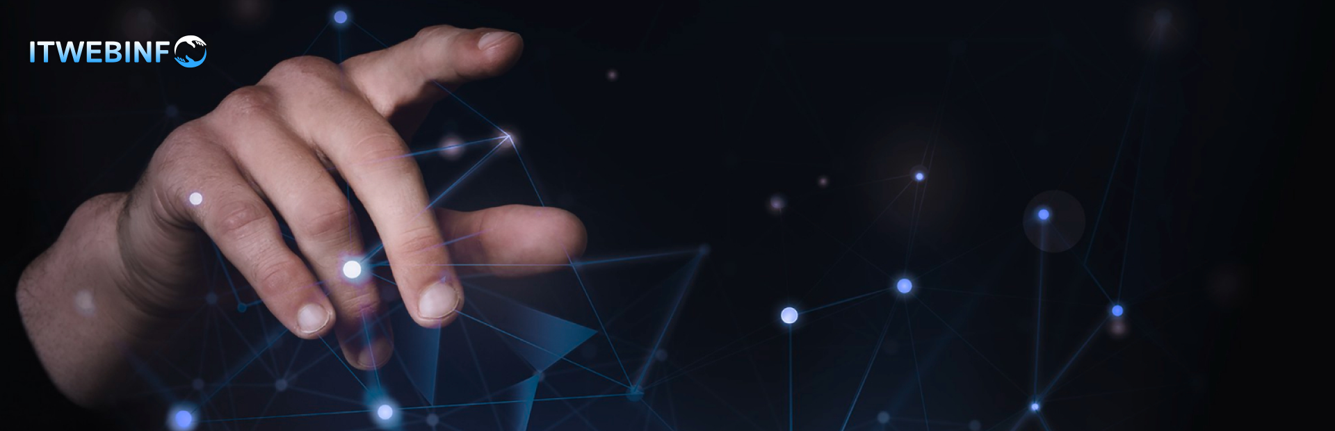 Human hand interacting with futuristic digital interface representing web and app development technologies.