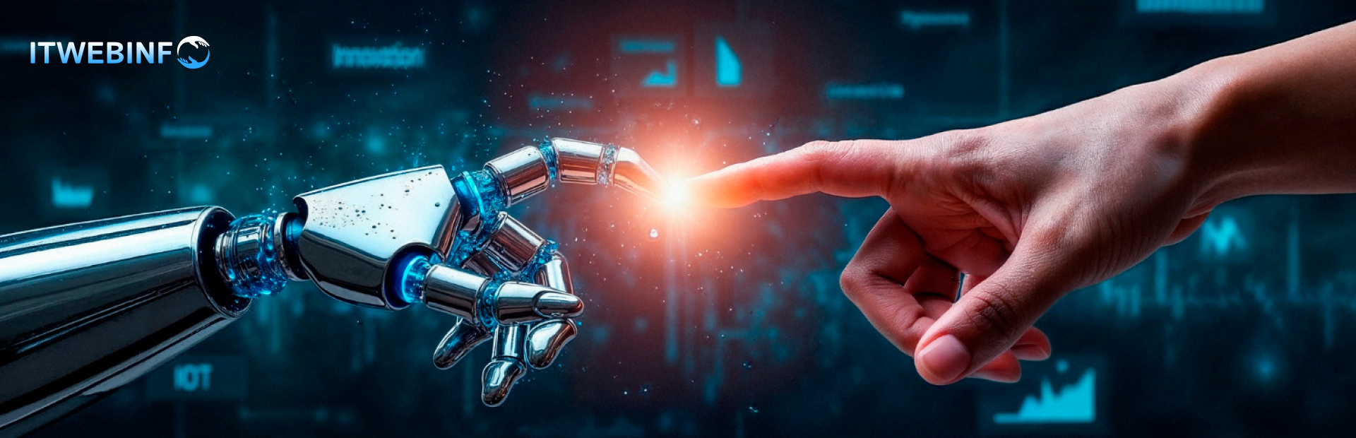 Artificial intelligence connecting human and robotic hands representing future mobile app innovation.