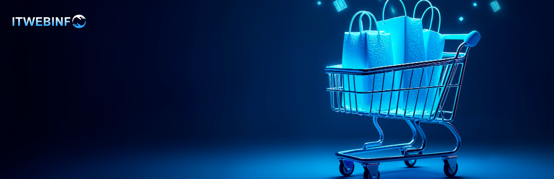 Digital shopping cart with glowing bags representing e-commerce growth and online retail innovation.