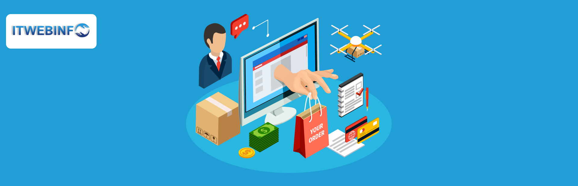 llustration of e-commerce CRM system managing customer data and repeat sales automation.