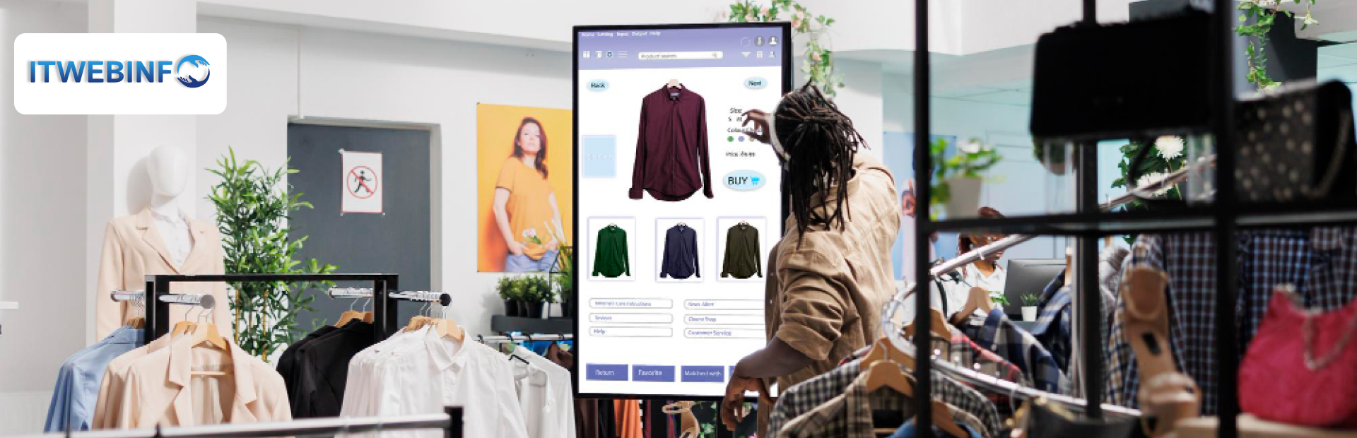 Customer browsing a digital clothing catalog in a store, representing Shopify store optimization for better user experience.